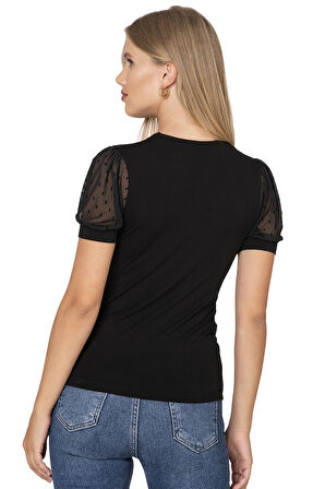 Özkan 27680 Kadın Premium Kumaş Ring Viskon Kısa Kollu T-Shirt Bluz Bisiklet Yaka Tül Detaylı