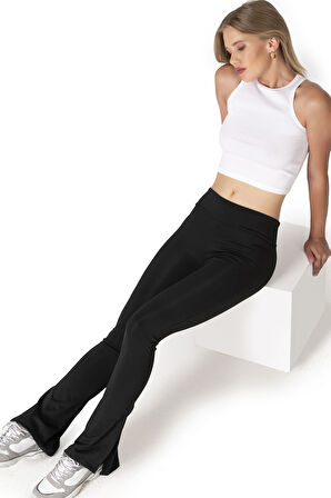 Özkan 27743 Kadın İnterlok Kumaş Likralı Toparlayıcı Yüksek Bel Yırtmaçlı İspanyol Paça Uzun Tayt