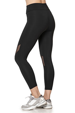 Özkan 27720 Kadın Siyah İnterlok Kumaş Tül Detaylı Yüksek Bel Uzun Tayt Esnek Rahat