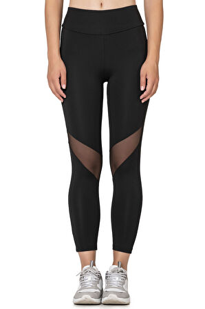 Özkan 27720 Kadın Siyah İnterlok Kumaş Tül Detaylı Yüksek Bel Uzun Tayt Esnek Rahat