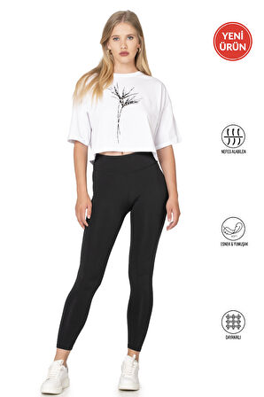 Özkan 27682 Kadın İnterlok Kumaş Likralı Yüksek Bel Esnek Rahat Düz Uzun Tayt