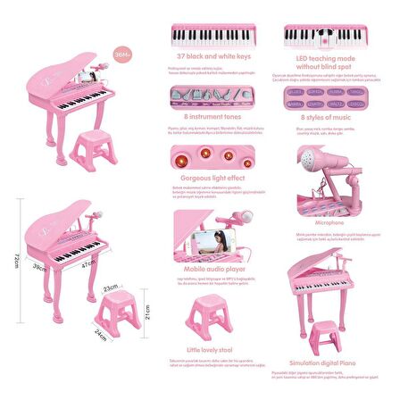 BAO-1403(0213)PINK 37 Tuşlu Büyük Pembe Piano Mp3 ve Mikrofonlu -Vardem