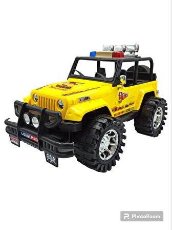 Oyuncak Arazi Aracı Büyük Boy İçi Dolu Tekerlekleri Mekanizmalı Sürtmeli Jeep İthal 50x27cm. Sarı