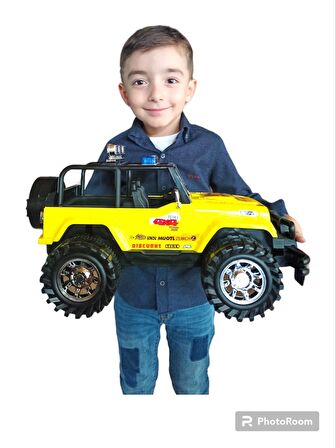 Oyuncak Arazi Aracı Büyük Boy İçi Dolu Tekerlekleri Mekanizmalı Sürtmeli Jeep İthal 50x27cm. Sarı