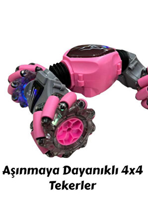2.4 Ghz Uzaktan Kumandalı Şarjlı 4x4 Akrobat Araba - El Sensörlü Işıklı 360° Dönen Akrobat Araba Pembe Renk