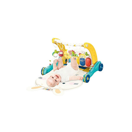 BIB6015 -Vardem Piyanolu 2 in 1 Bebek Yürüteci ve Tavşan Desenli Mavi Oyun Halısı