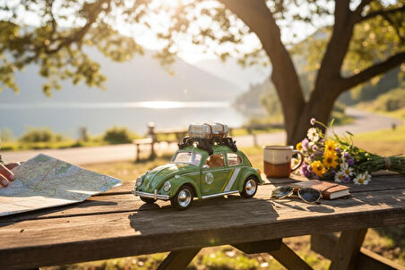 Klasik Işıklı Sesli Metal Araba - Yeşil Valizli Retro Beetle - 15 cm