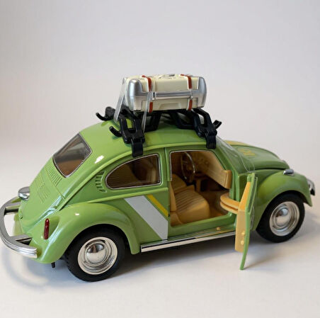 Klasik Işıklı Sesli Metal Araba - Yeşil Valizli Retro Beetle - 15 cm