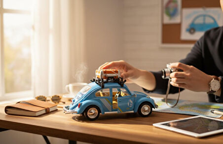 Klasik Işıklı Sesli Metal Araba - Mavi Valizli Retro Beetle - 15 cm