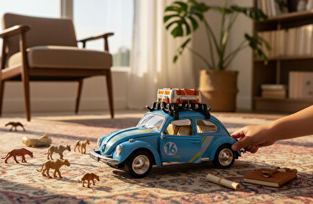 Klasik Işıklı Sesli Metal Araba - Mavi Valizli Retro Beetle - 15 cm