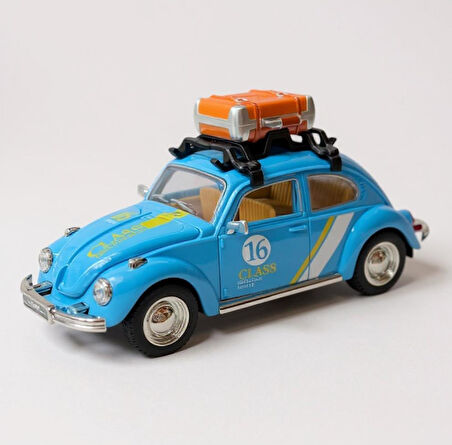 Klasik Işıklı Sesli Metal Araba - Mavi Valizli Retro Beetle - 15 cm
