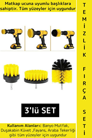 Premium Banyo Küvet Fayans Mutfak Oto Koltuk Tekerlek Matkap Ucuna Takılan 3'lü Temizlik Fırça Seti