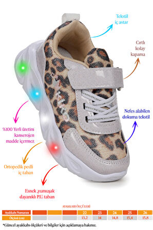 Kiko Kids Teno Leopar Desenli Cırtlı Işıklı Kız Bebek Spor Ayakkabı