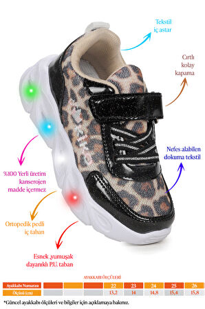 Kiko Kids Teno Leopar Desenli Cırtlı Işıklı Kız Bebek Spor Ayakkabı
