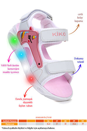 Kiko Kids Unicorn Günlük Işıklı Cırtlı Kız Çocuk Sandalet Ayakkabı
