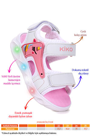 Kiko Kids Unicorn Günlük Işıklı Cırtlı Kız Bebek Sandalet Ayakkabı