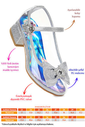  Asel Kız Çocuk Simli Topuklu Abiye Şeffaf Ayakkabı