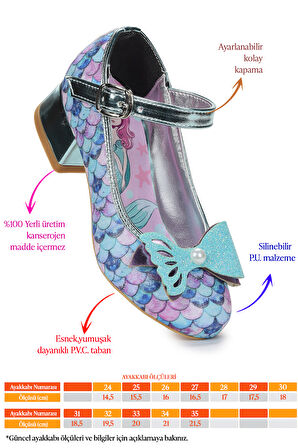  Deniz Kızı İnci Fiyonklu Simli Kız Çocuk Topuklu Abiye Ayakkabı