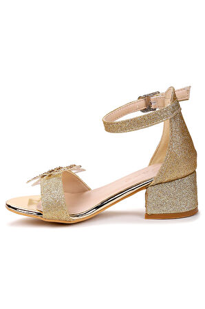  Zete Kum Simli Kız Çocuk 4 Cm Topuklu Sandalet Abiye Ayakkabı