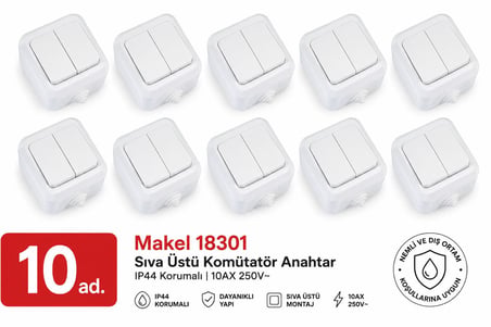 Makel 18301 Nemliyer Beyaz Komütatör 10’lu Paket – IP44 Korumalı, 10AX 250V, Sıva Üstü, Nemli ve Dış Ortam Kullanımına Uygun