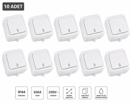 Makel Nemliyer Serisi Beyaz Vavien Anahtar 18303 10’lu Paket – IP44 Korumalı, 10AX 250V, Sıva Üstü Montajlı, Nemli ve Dış Ortam Koşullarına Uygun Dayanıklı Elektrik Anahtarı