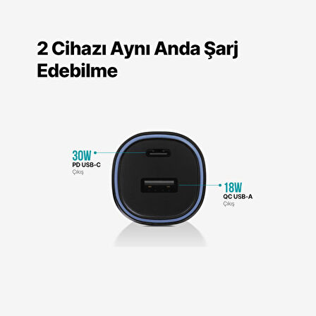 Ttec Şarj Akım Korumalı 48W USB-C+USB Girişli Araç Çakmaklık Şarjı Tüm Araçlarla Uyumlu Araç Şarj Başlık