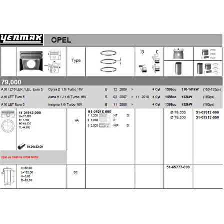 Opel Motor Piston Segman Takım Komple 0.50 (79.50mm) İnsignia A – Astra J – Meriva A – Z16let – A16let - Yenmak 31-03912-050