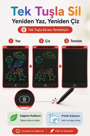 12 İnç LCD Renkli Yazı ve Çizim Tableti Tek Tuşla Silinebilir Kalemli Dijital Not Tahtası