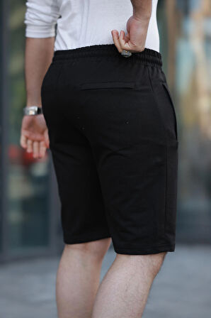 Erkek Siyah Comfort Fit Kalıp Beli Lastikli Yan Çift Cepli Şort & Bermuda