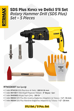 RTM226SET Sds Plus Kırıcı ve Delici 5'li Set - Eldiven-Çekiç-Uç Tutucu