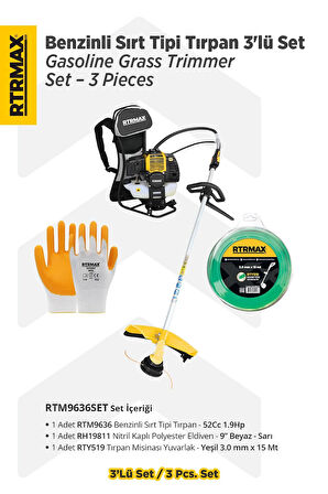 RTM9636SET Benzinli Sırt Tipi Tırpan 3'lü Set -Eldiven-Tırpan Misinası