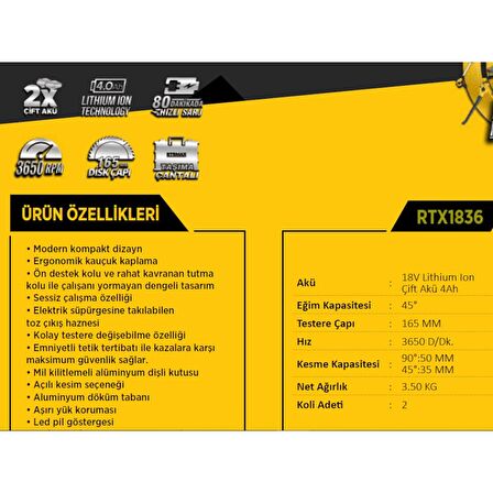 Rtrmax Rtx1836 Çift Akülü Sunta Kesme 165mm 4.0ah
