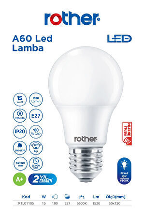 RTL01105-5 Rother A60 LED Ampul 15W E27 1520 Lümen 6500K Beyaz Işık Enerji Tasarruflu Ampul 5 Adet