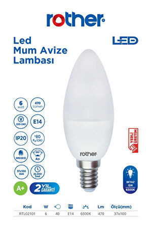 RTL02101-10 Rother LED Mum Avize Ampul 6W E14 470 Lümen 6500K Beyaz Işık Enerji Tasarruflu Ampul 10 Adet