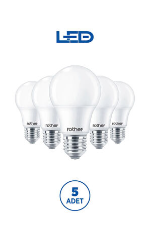 RTL01113-5 Rother A60 LED Ampul 9W E27 810 Lümen 4500K Gün Işığı Enerji Tasarruflu Ampul 5 Adet