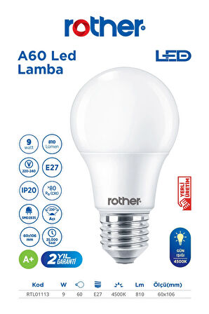 RTL01113 Rother A60 LED Ampul 9W E27 810 Lümen 4500K Gün Işığı - Enerji Tasarruflu Ampul