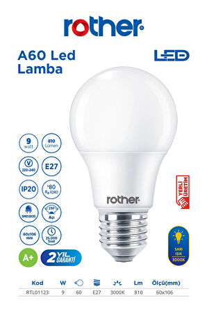 RTL01123 Rother A60 LED Ampul 9W E27 810 Lümen 3000K Sarı Işık - Enerji Tasarruflu Ampul