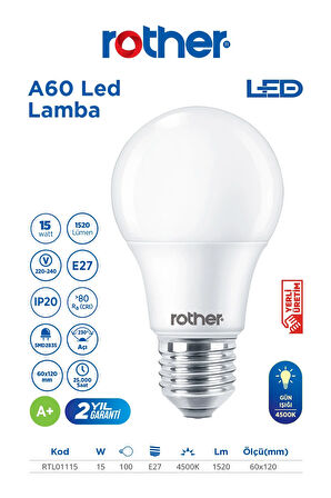 RTL01115-5 Rother A60 LED Ampul 15W E27 1520 Lümen 4500K Gün Işığı Enerji Tasarruflu Ampul 5 Adet