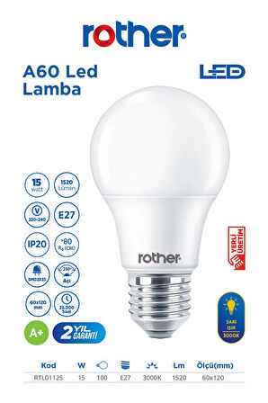 RTL01125 Rother A60 LED Ampul 15W E27 1520 Lümen 3000K Sarı Işık - Enerji Tasarruflu Ampul