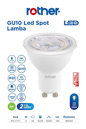 RTL11111-5 Rother GU10 LED Spot Ampul 6W 540 Lümen 4500K Gün Işığı Enerji Tasarruflu Ampul 5 Adet