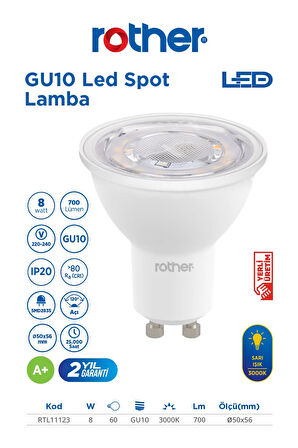 RTL11123-5 Rother GU10 LED Spot Ampul 8W 700 Lümen 3000K Sarı Işık Enerji Tasarruflu Ampul 5 Adet