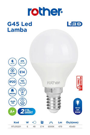 RTL09201-10 Rother G45 LED Ampul 6W E14 470 Lümen 6500K Beyaz Işık Enerji Tasarruflu Ampul 10 Adet