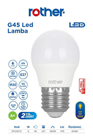 RTL09121 Rother G45 LED Ampul 6W E27 470 Lümen 3000K Sarı Işık - Enerji Tasarruflu Ampul
