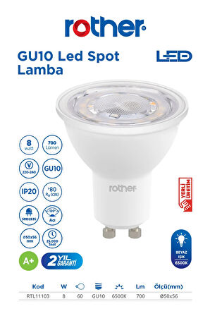 RTL11103-10 Rother GU10 LED Spot Ampul 8W 700 Lümen 6500K Beyaz Işık Enerji Tasarruflu Ampul 10 Adet