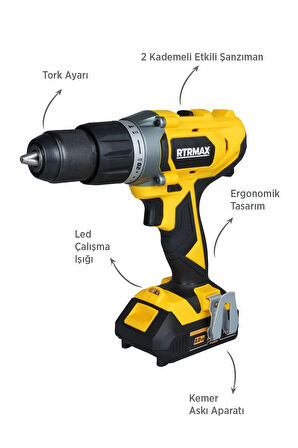 RTX1820SET Şarjlı Darbeli Matkap 4'lü Set -Bits Uç + Kemer Klipsli Adaptör Seti-Uç Tutucu-Eldiven