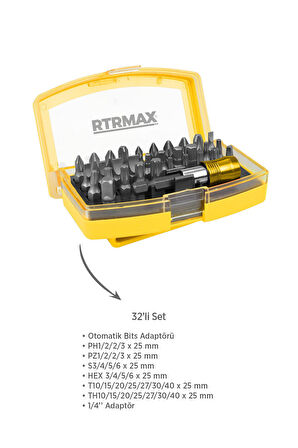RTX1820SET Şarjlı Darbeli Matkap 4'lü Set -Bits Uç + Kemer Klipsli Adaptör Seti-Uç Tutucu-Eldiven