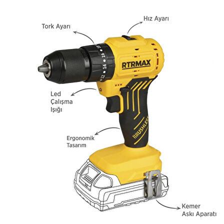 RTRMAX RTS5012B Şarjlı Darbeli Matkap Kömürsüz 54 Nm - Akü Hariç