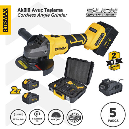 RTS5050 Şarjlı Avuç Taşlama Makinası Kömürsüz 125mm 8.500 Rpm 2x4 Ah 20V Çift Akü S-Lion - Akü Dahil