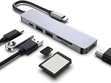 Kuzey's Store Macbook Pro Huawei Dell ile Uyumlu Type C to 4K HDMI + USB 3.0 + SD/tf + PD + Type-C, Taşınabilir 7in1 Adaptör