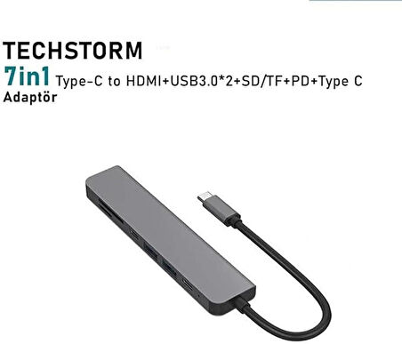 Kuzey's Store Macbook Pro Huawei Dell ile Uyumlu Type C to 4K HDMI + USB 3.0 + SD/tf + PD + Type-C, Taşınabilir 7in1 Adaptör